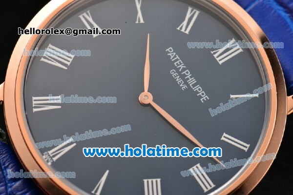 Patek Philippe Calatrava Miyota OS2035 Quartz Rose Gold Case with Blue Dial and Roman Numeral Markers - Click Image to Close